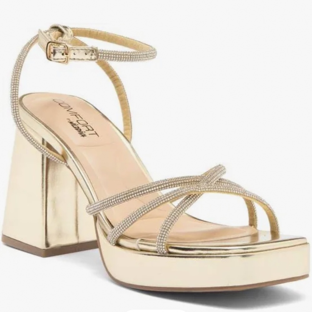 7.5 New Gold Platform heels with rhinestone straps